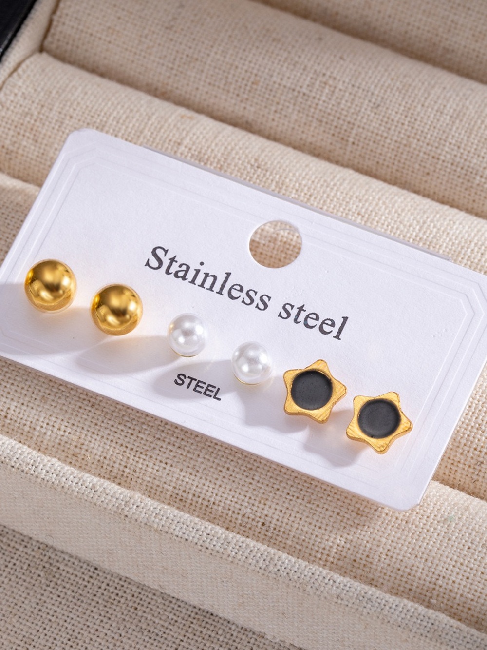 Stainless Steel Gold & Black Star Stud Earring Set with Pearl Accent